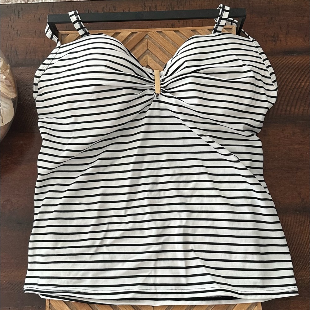Victoria’s Secret striped tankini with black bikini bottom.